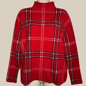 Tahari Women’s Red Mockneck Plaid Holiday Festive Winter Sweater Size M